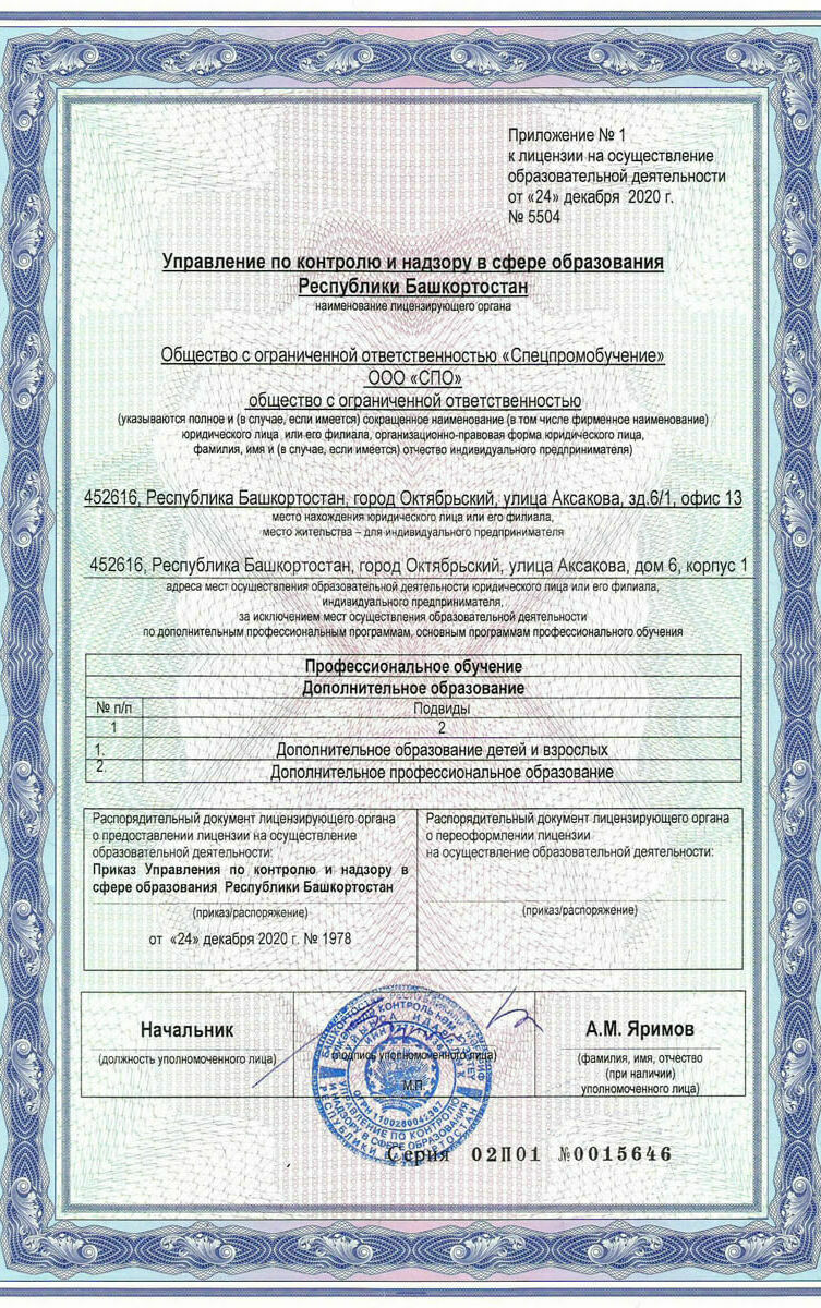 приложение к лицензии приложение к лицензии